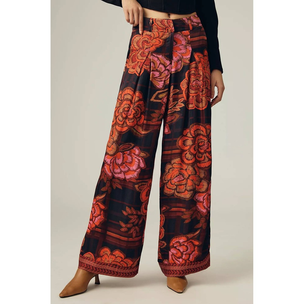 Farm Rio for Anthropologie Floral Plaid Wide Leg Pants Orange Pink XS New